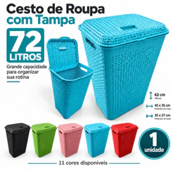 Roupeiro Cesto Roupa Suja 72L Gigante com Tampa Plástico Reforçado Lavanderia Banheiro Área Serviço Família Resistente