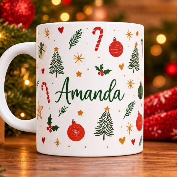 Caneca de Cerâmica Natal Personalizada com Nome 325ml | Xicara de Cerâmica para Presente