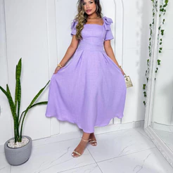 Vestido Midi Feminino em tecido DunaLinho com Laço na Manga, com elastex nas costas e sem bojo