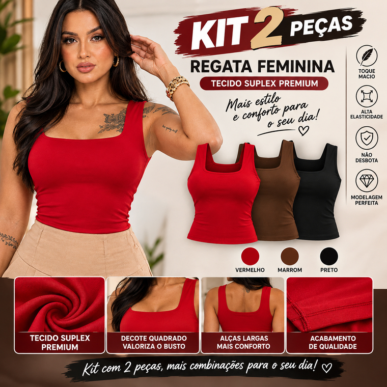 Kit 2 RegatA Femininas Decote Quadrado Suplex Forro Duplo Alça Larga Blusa Básica Elastano