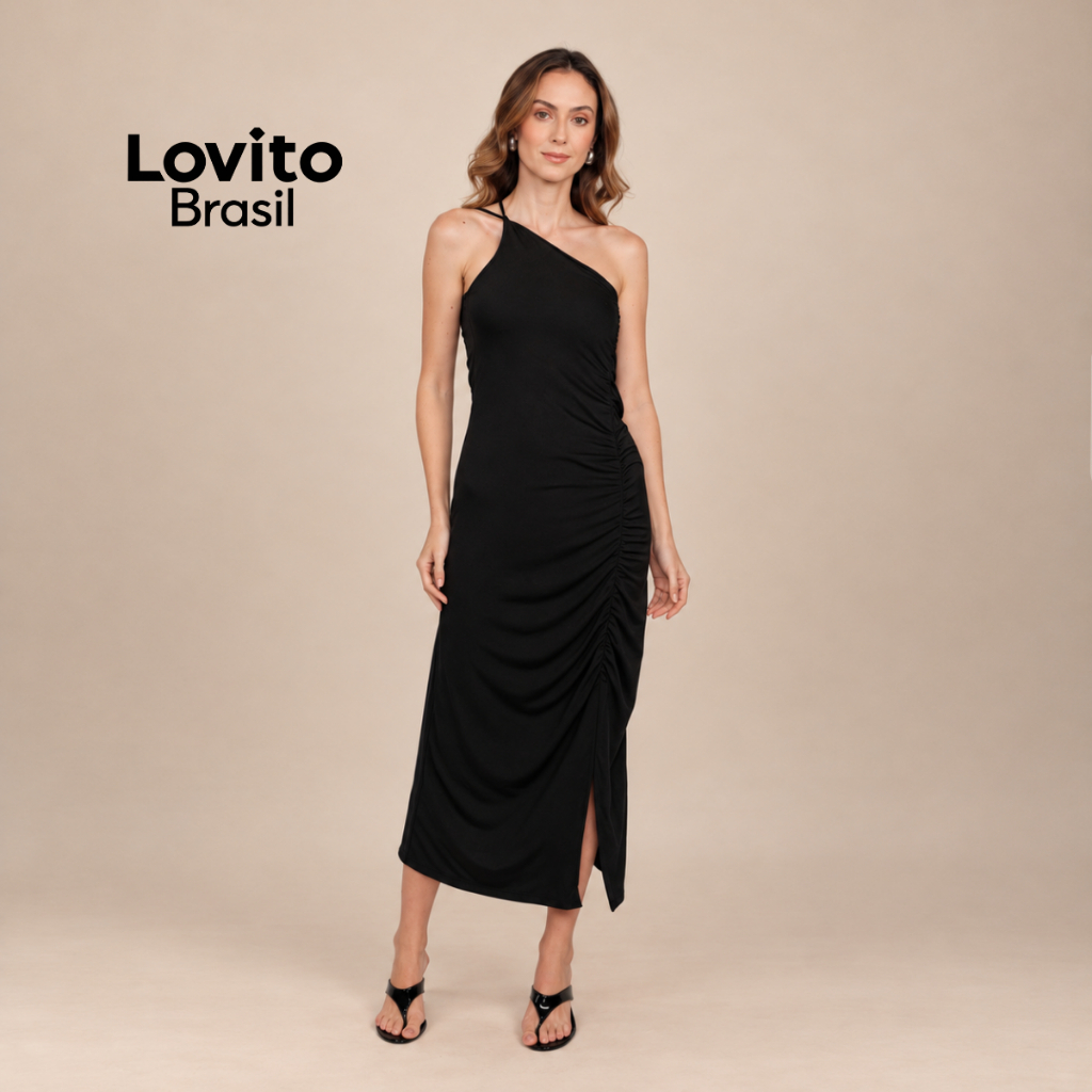 Lovito Vestido Feminino Midi Elegante com Franzidos na Lateral DRB22022232