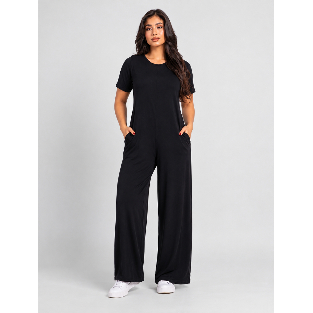 Macacão Feminino Longo Pantalona Viscose Manga Curta Casual Confortável Não Marca Não Encolhe