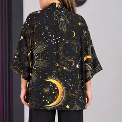 Kimono Feminino Estampado Boho Místico Saída de Praia Leve com Estampa de Tarot e Cristais