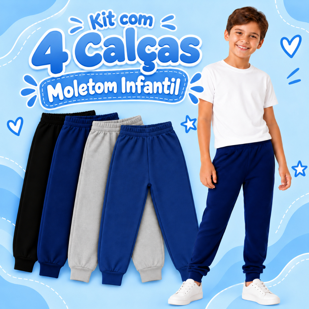 Kit Sortido com 4 Calças de Moletom Infantil Masculina 2 a 10 Anos Flaneladas com Elástico Escola Creche Dia a Dia