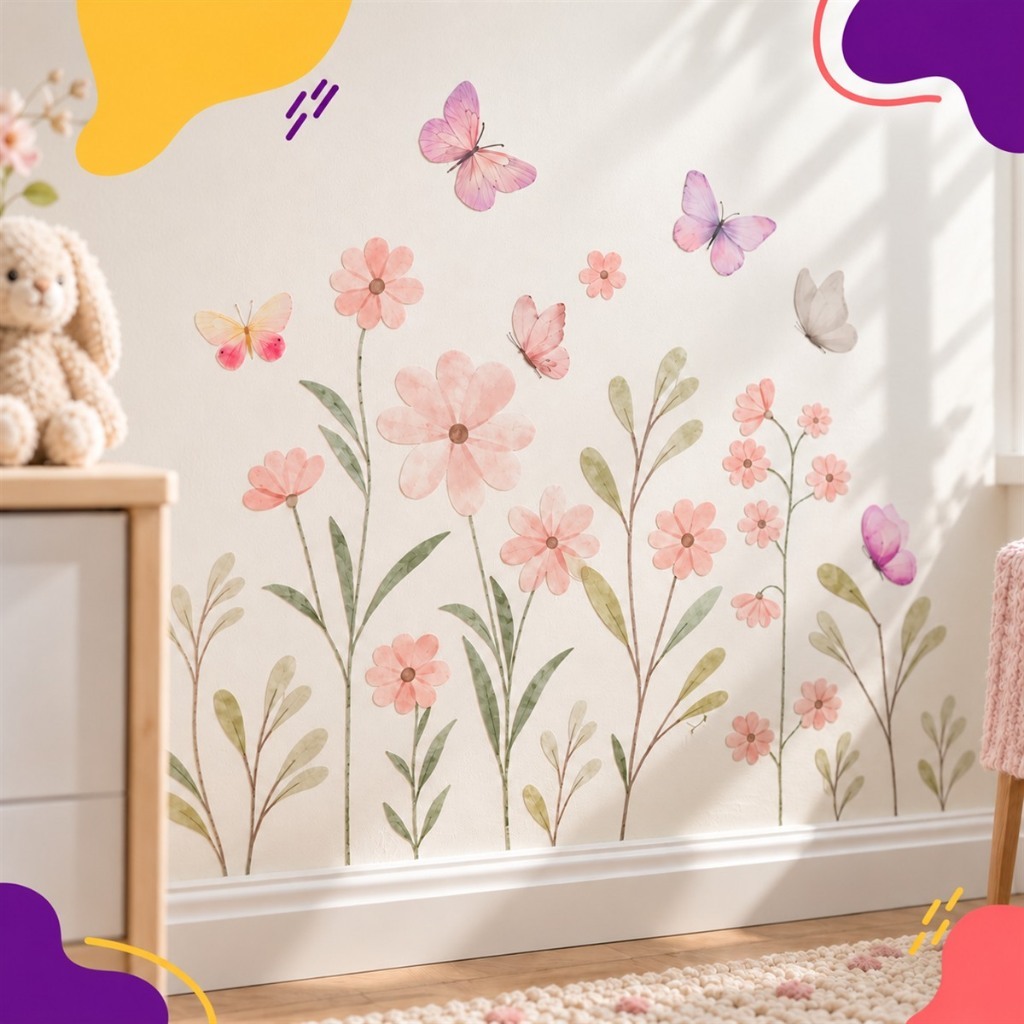 Adesivo Decorativo De Parede Em Recorte Sem Fundo Floral Borboletas