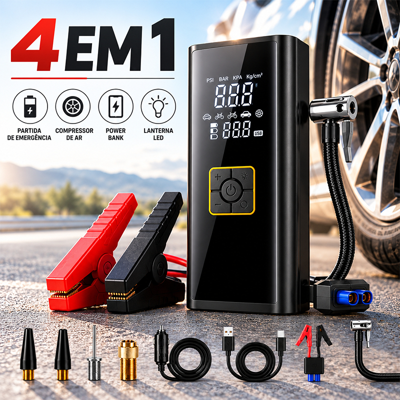 Auxiliar de Partida com Compressor de Ar Portátil 4 em 1 Inflador Digital Power Bank Lanterna LED 10000mah 150PSI
