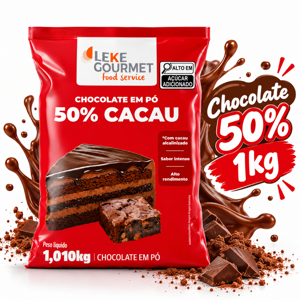 Chocolate Em Pó 50% Cacau LeKe Gourmet 1,01kg Para Bolos Brigadeiros Brownies E Confeitaria