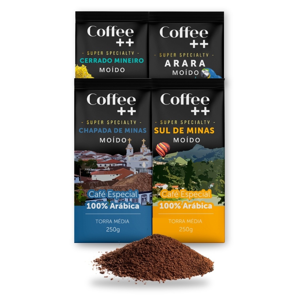 Kit 4 Café Especial Moído Coffee Mais Cerrado Mineiro, Arara, Chapada de Minas e Sul de Minas 100% Arábica - 4x250g
