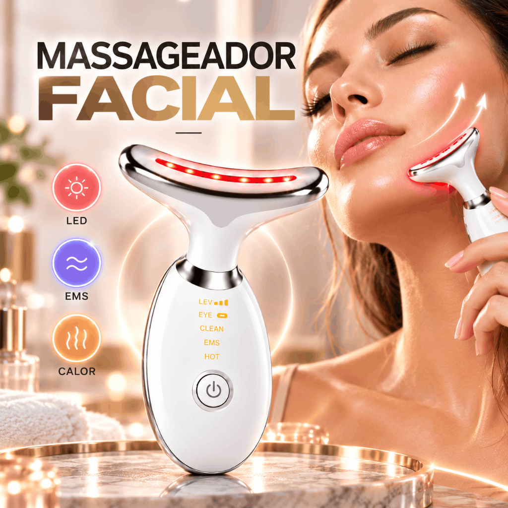 Massageador Facial E Pescoço Lifting 7 Cores LED Nova Versão Modo Olhos EMS Papada Rugas Calor Antienvelhecimento Bivolt