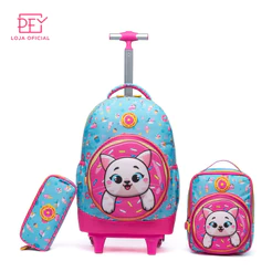 Kit Mochila de Rodinha Gatinho Feminina Infantil Estojo Escolar Lancheira Térmica