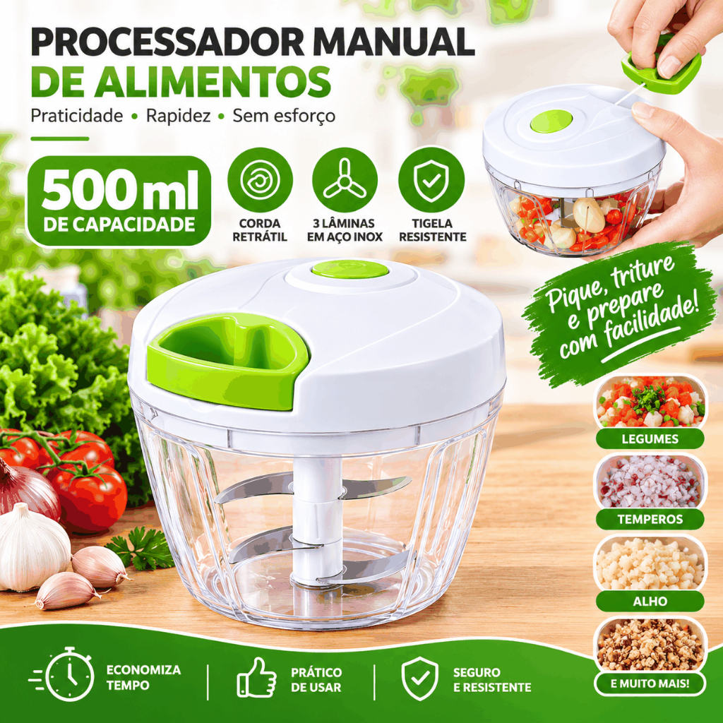 Processador Manual Alimentos 500ml 3 Laminas Corda Retratil Pratico Portatil