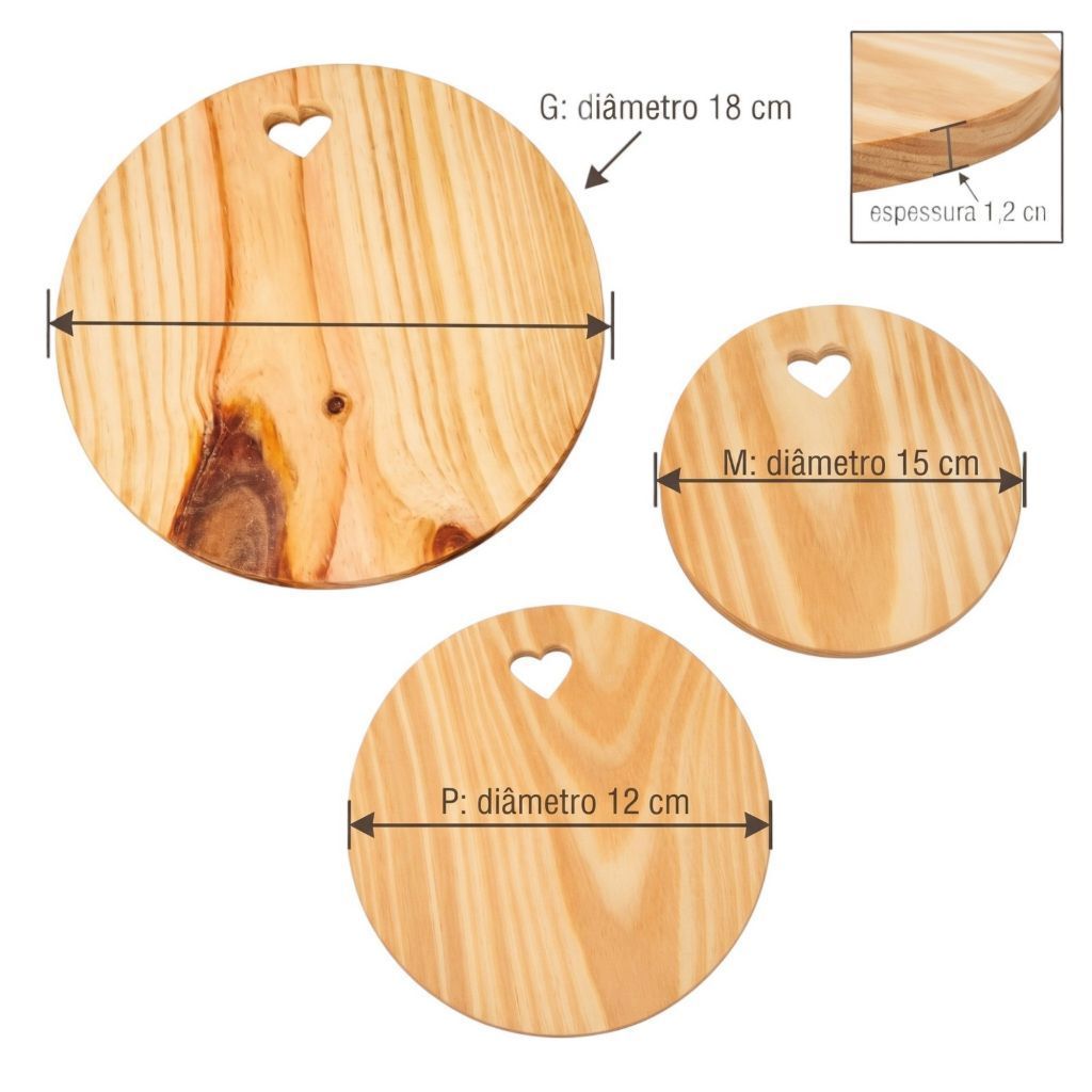 Trio Tábuas Redondas Madeira Pinus com Coração Petisqueira para Frios decoração, festa, mesa posta. — imagem 2 de 2