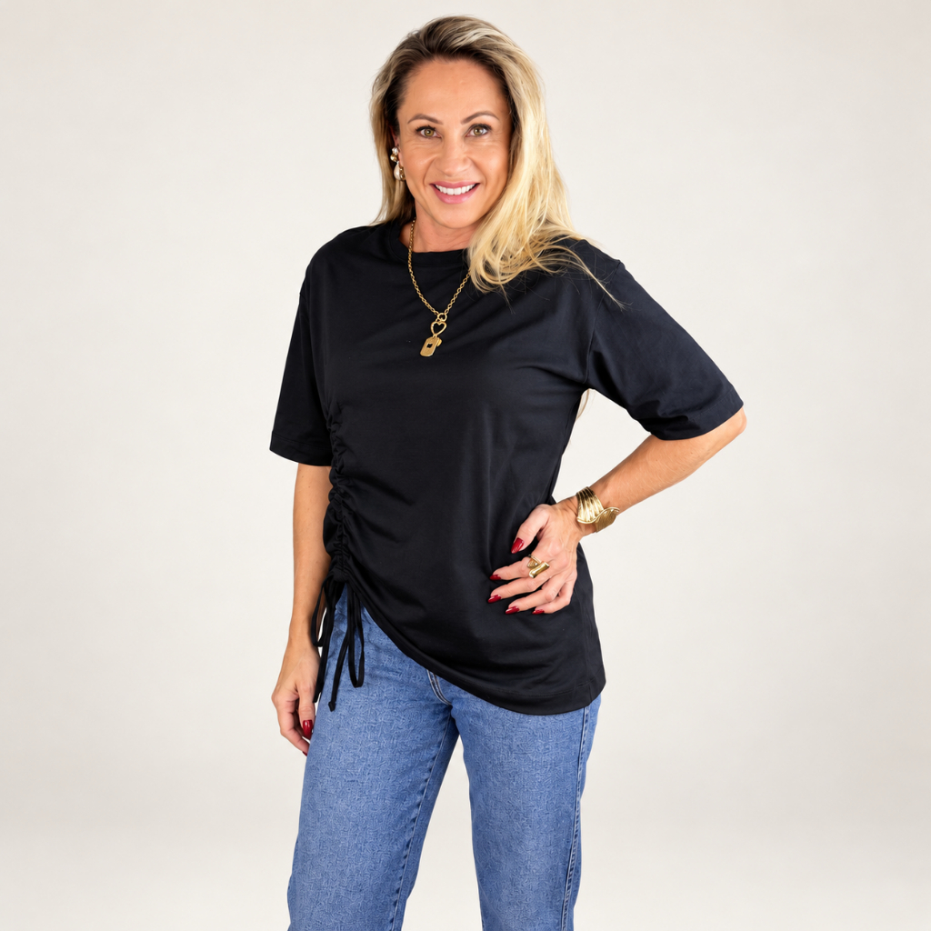 Blusa Feminina Over Franzida em Algodão Básica Casual Confortável Camiseta Feminina para o Dia a Dia Trabalho