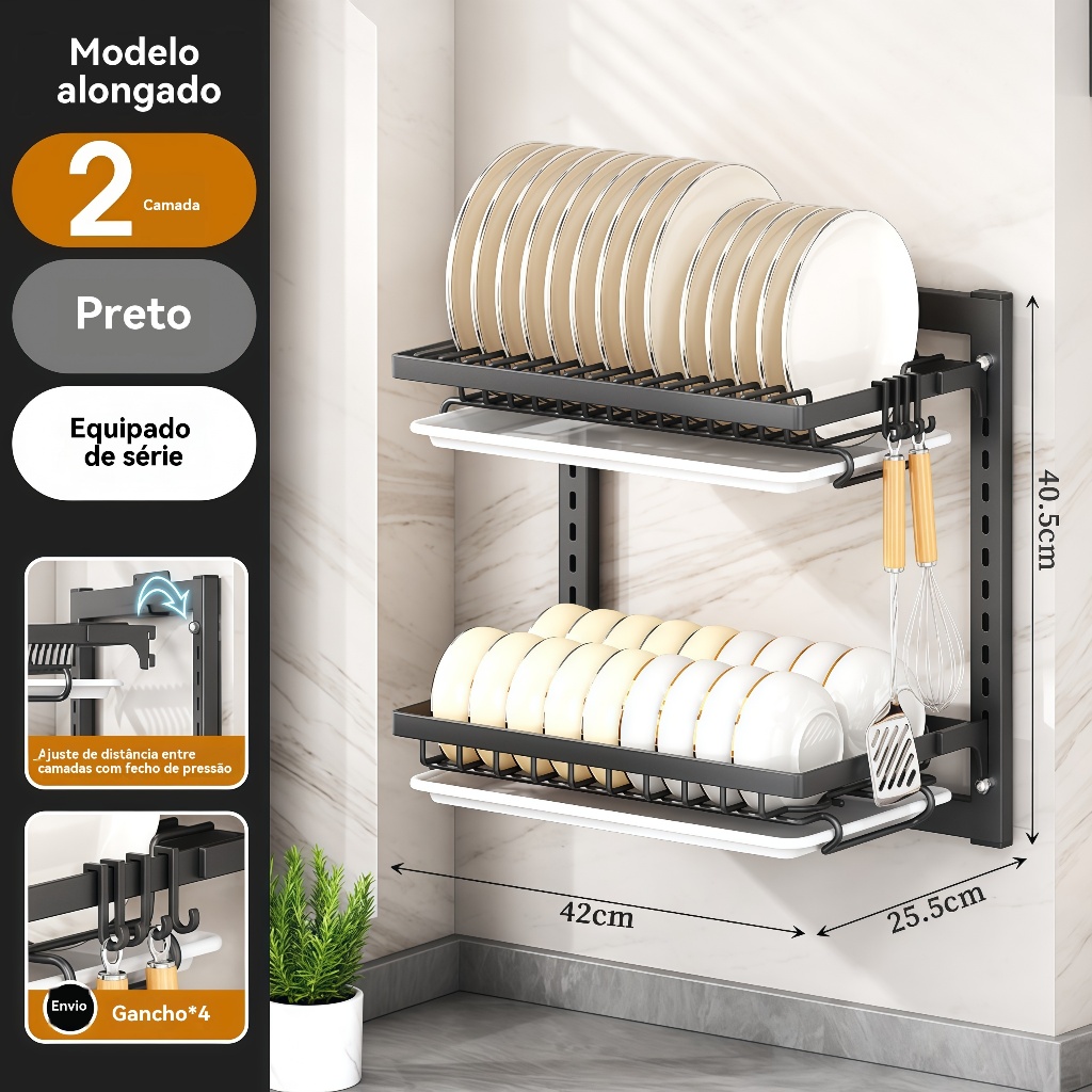 Escorredor Organizador De Louça Para Parede 2 Andares Em Aço Inox