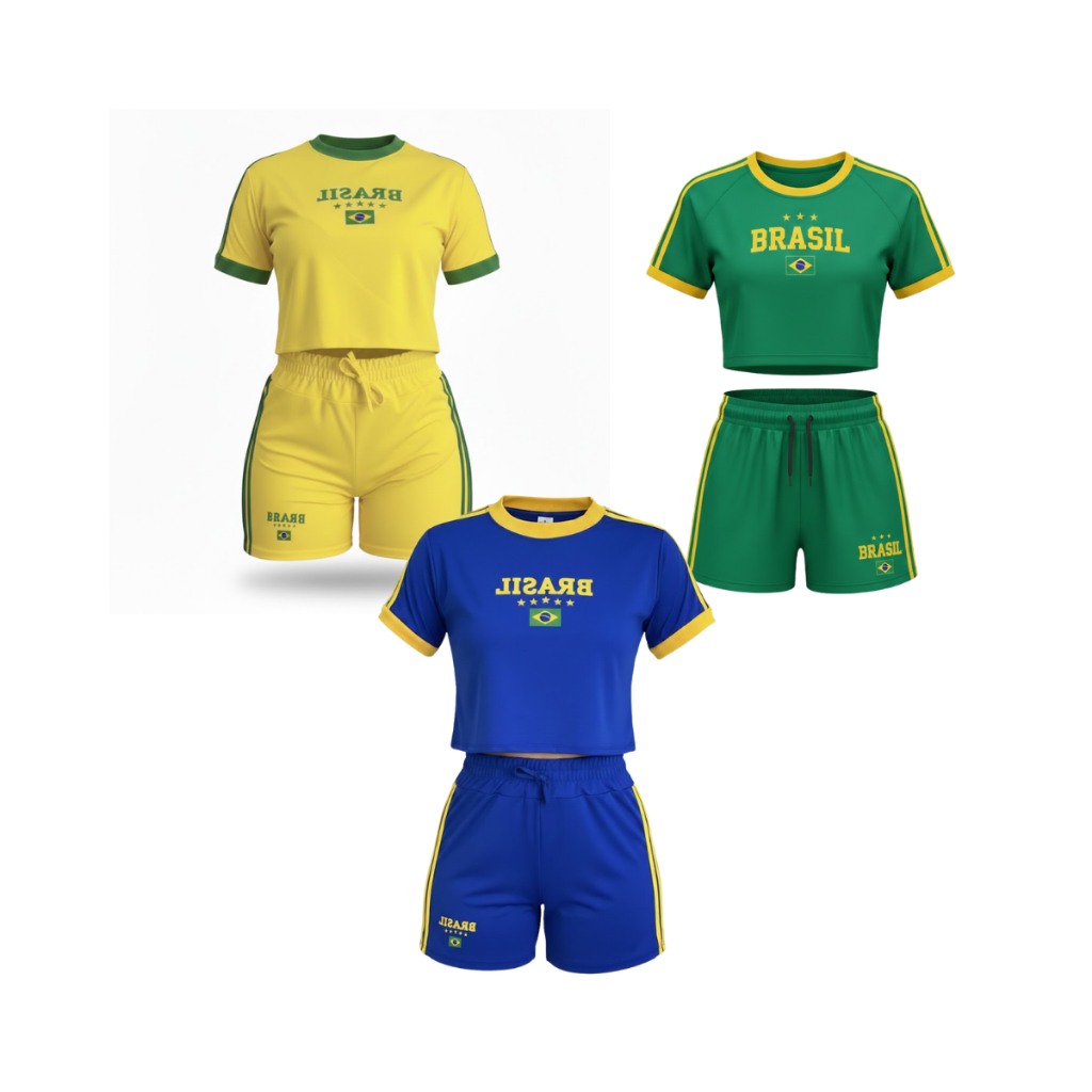 Conjunto Brasil Copa Cropped + Shorts Spandex Moda Feminina Seleção Brasileira