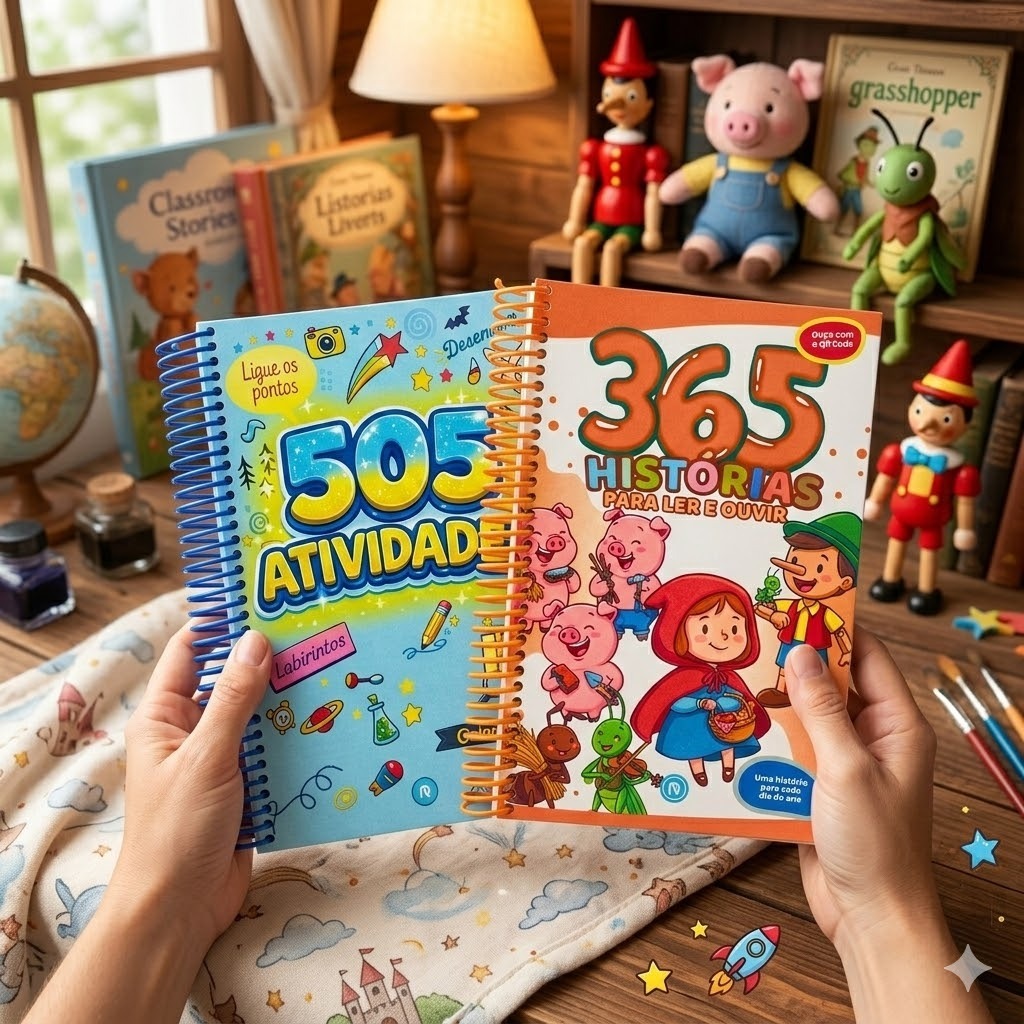 Kit 2 Livros 365 Contos Diversos + 505 Atividades Kit Pedagógico Infantil Coordenação Motora Leitura