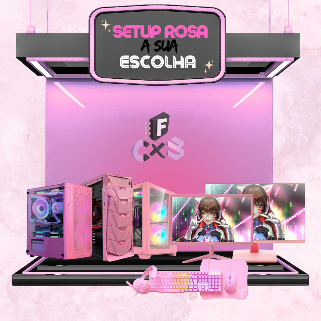 Pc Gamer Completo i7 6°, 16Gb + SSD 480Gb, GTX1650 + Monitor Rosa 21,5 ou 24" + Combo Gamer Rosa