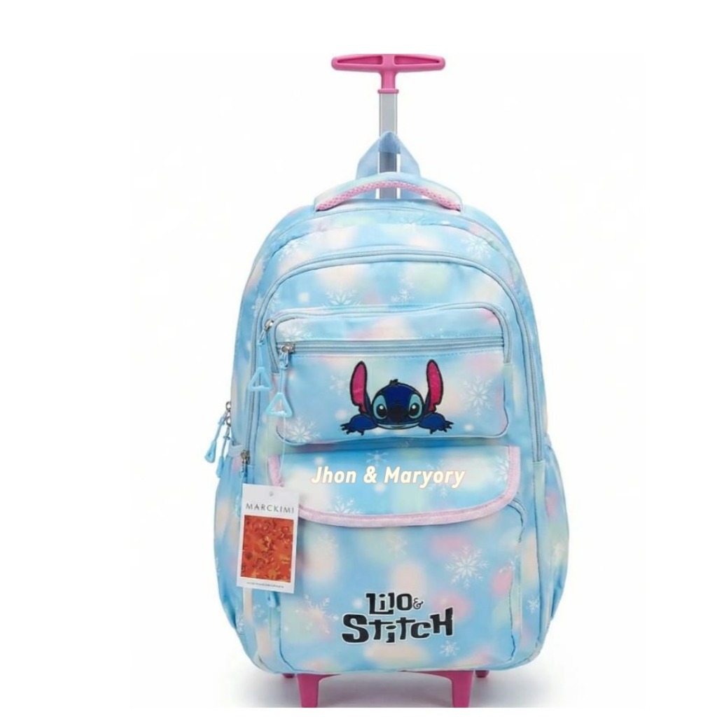 Mochila Escolar Stitch com Rodinhas Infantil Resistente Multi Bolsos