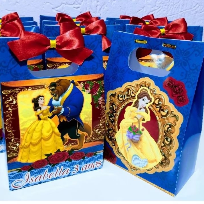 Sacolinha personalizadas Bela e a fera festa infantil lembrancinhas diversos temas