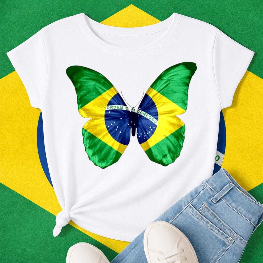 Camiseta Brasil Feminina Branca Estampa Patriota Verde Amarelo Azul Torcida M G GG em Oferta na Shopee