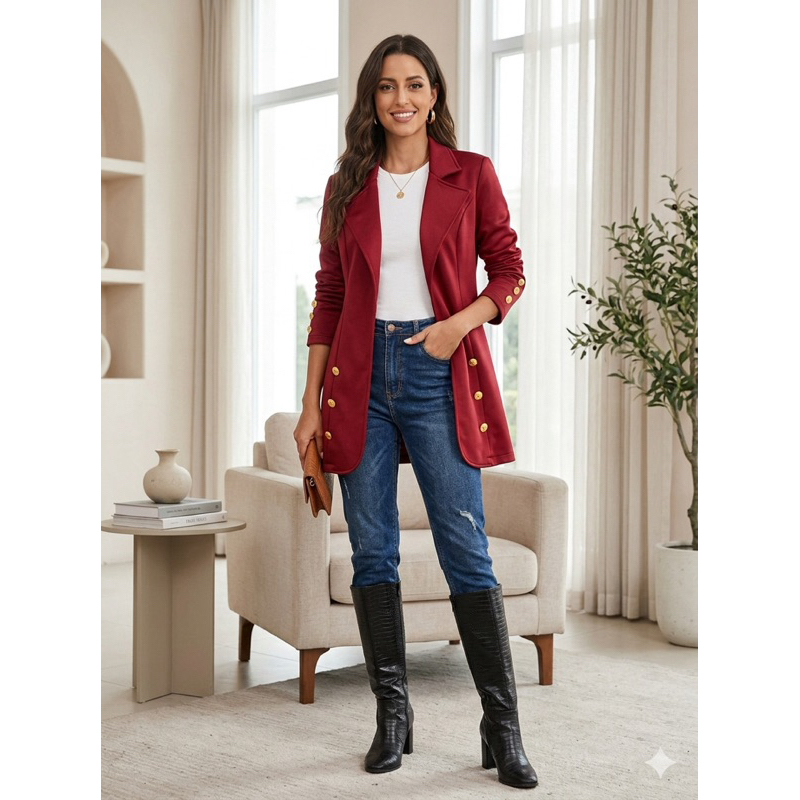 Blazer Max Longo Alfaiataria Luxo Botões Dourados - Tamanho Único (Veste 38 ao 42)