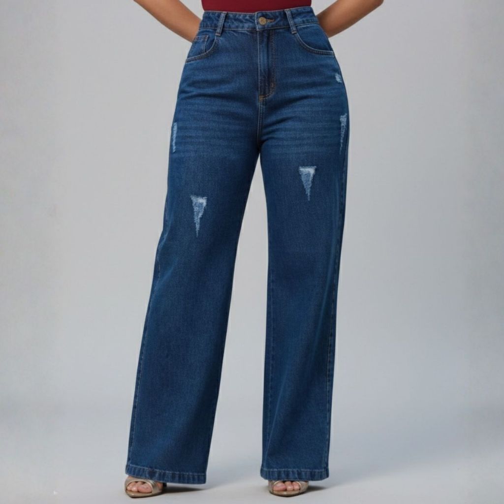 Calça Jeans WIDE LEG Feminina Azul Escura Pantalona 100% Algodão Tecido Premium Boca Larga