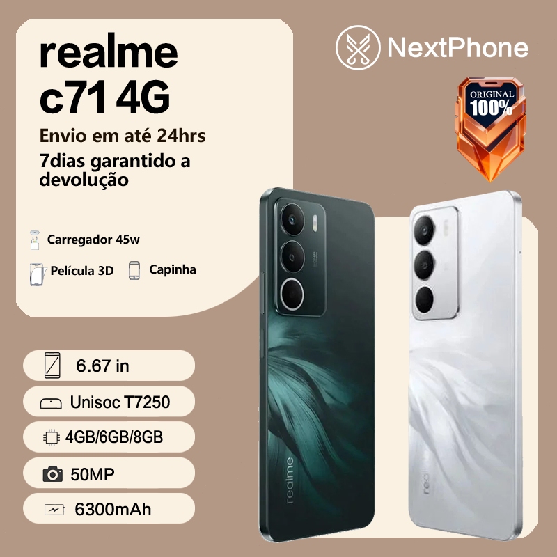Realme C71 NFC 4G, Tela 6,67" 120Hz, Câmera 50MP, Bateria 6300mAh com Carga Rápida, Versão Global