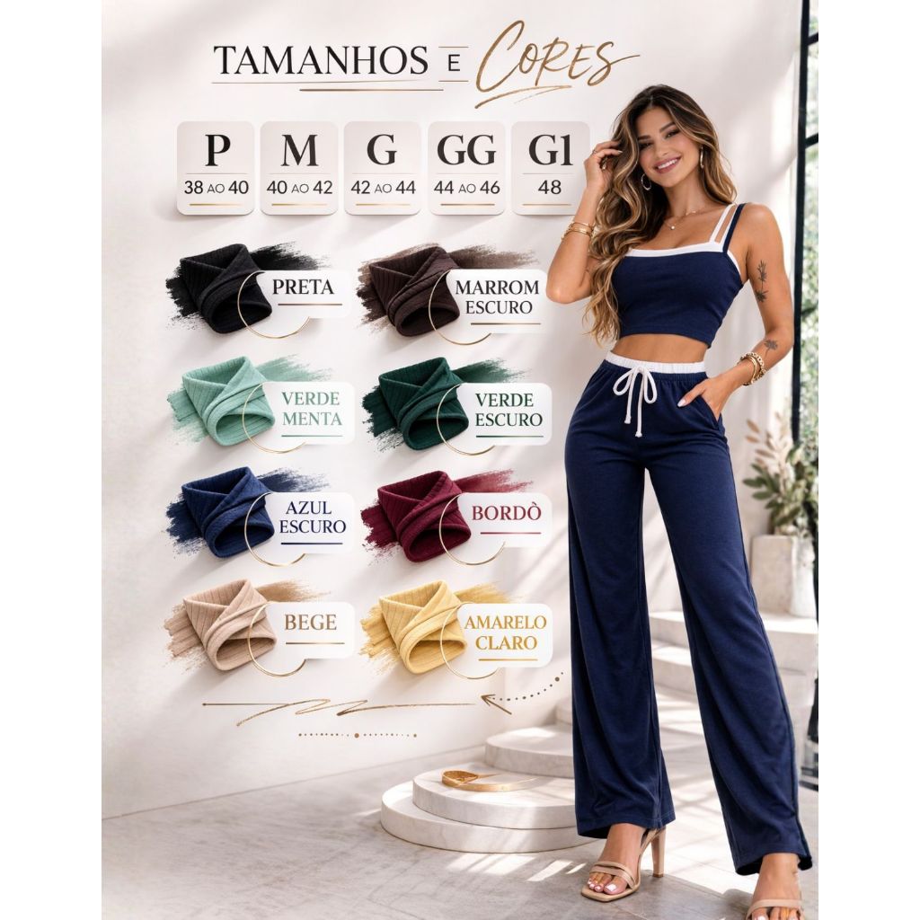 Conjunto Ribana Bicolor Top Cropped com Calça Cós Alto Duplo P ao G1 em Oferta na Shopee