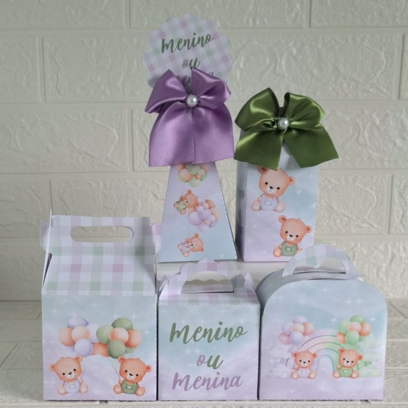 Kit Festa Personalizado Chá Revelação Ursinho lilás e verde lembrancinha infantil