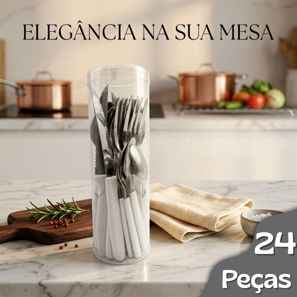 Jogo de Talheres Branco Inox Premium 24 Peças Faca Garfo Colher Colher Sobremesa / Chá