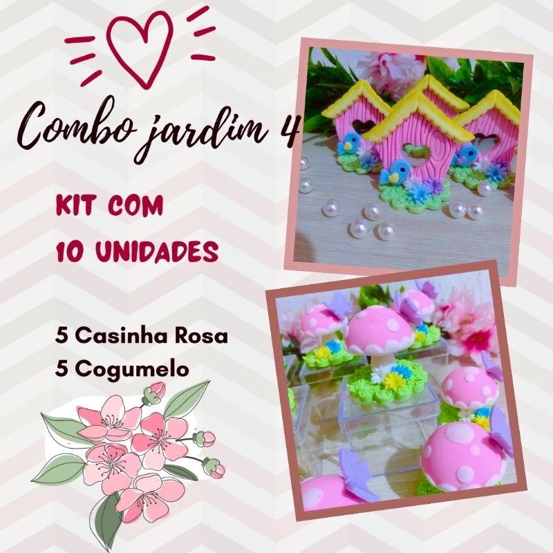 Aplique de Biscuit para Lembrancinha Personalizada Tema Jardim Encantado kit com 10 unidades Casinha Rosa e Cogumelo em Oferta na Shopee