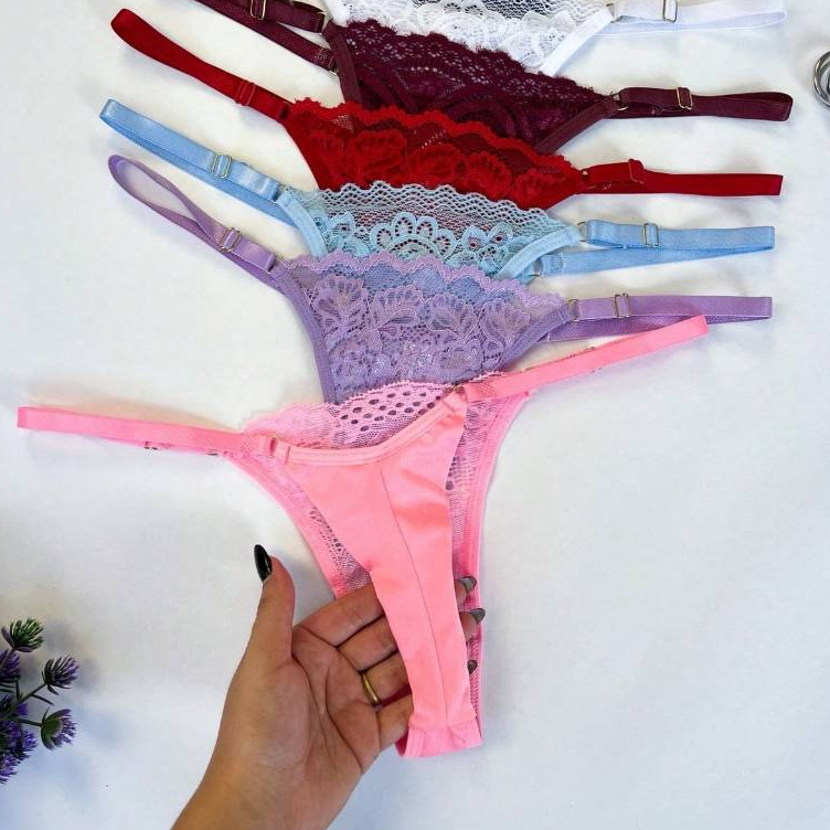 Kit 10 Calcinha Fio Duplo com Renda Sexy Tanga Fio Dental com Regulagem Lingerie Sensual Feminina