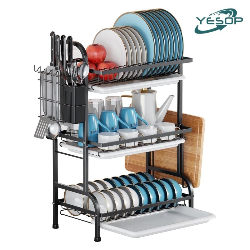 YESOP Escorredor De Pratos 3 Andares Inox Preto Com Porta Talheres E Bandeja Cozinha Organizador em Oferta na Shopee
