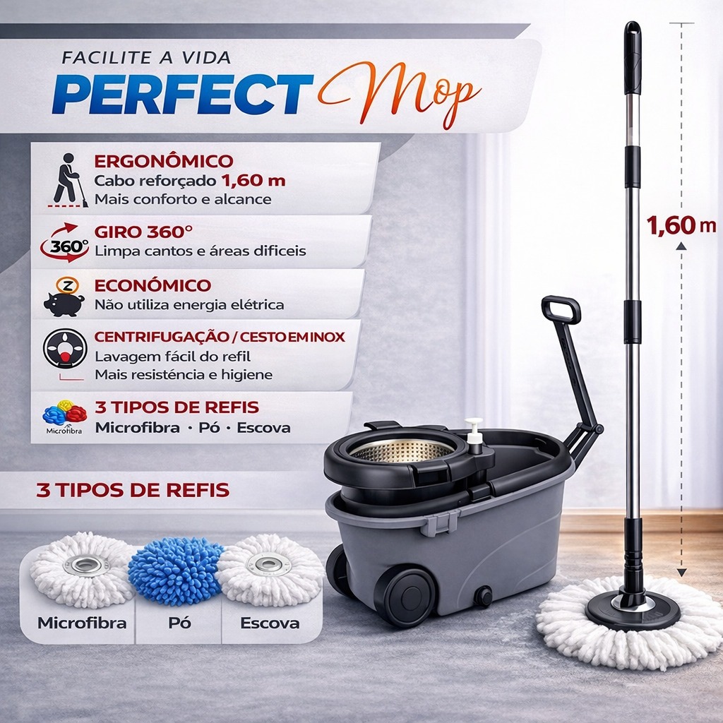 Perfect Mop Esfregão Balde 16 lts Move Centrífuga Inox 3 Refis e Dispenser Rodinhas e Alça Retrátil em Oferta na Shopee