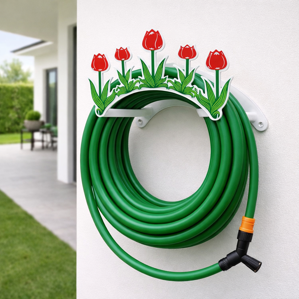 Suporte de Mangueira decorativo em aço para Jardim  quintal suporte fixo na parede em aço TULIPA COLORIDA BASE BRANCA