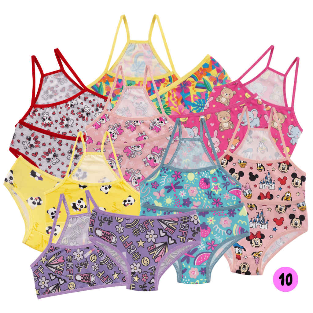 Kit 10 Conjunto Infantil Menina Moça Nadador Estampado Top e Calcinha Microfibra Forro 100% Algodão