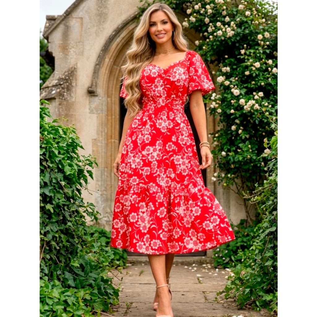 Vestido Midi Estampado Crepinho Manga Flare Moda Feminina Coco Femme Veste do 38 ao 54 em Oferta na Shopee