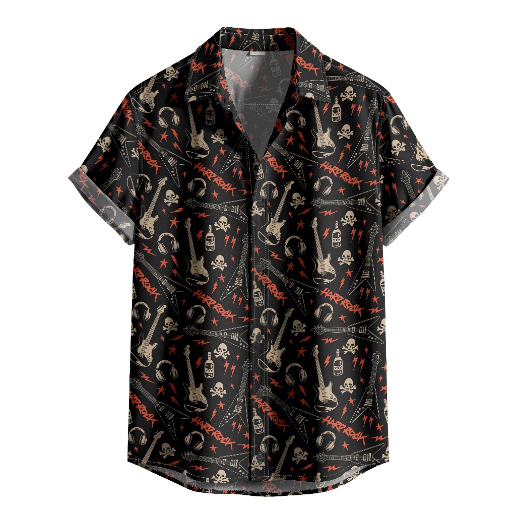 Camisa De Botão Estilo Rock - Guitarras E Caveiras Com Vibe Hard Rock [Ref-122]