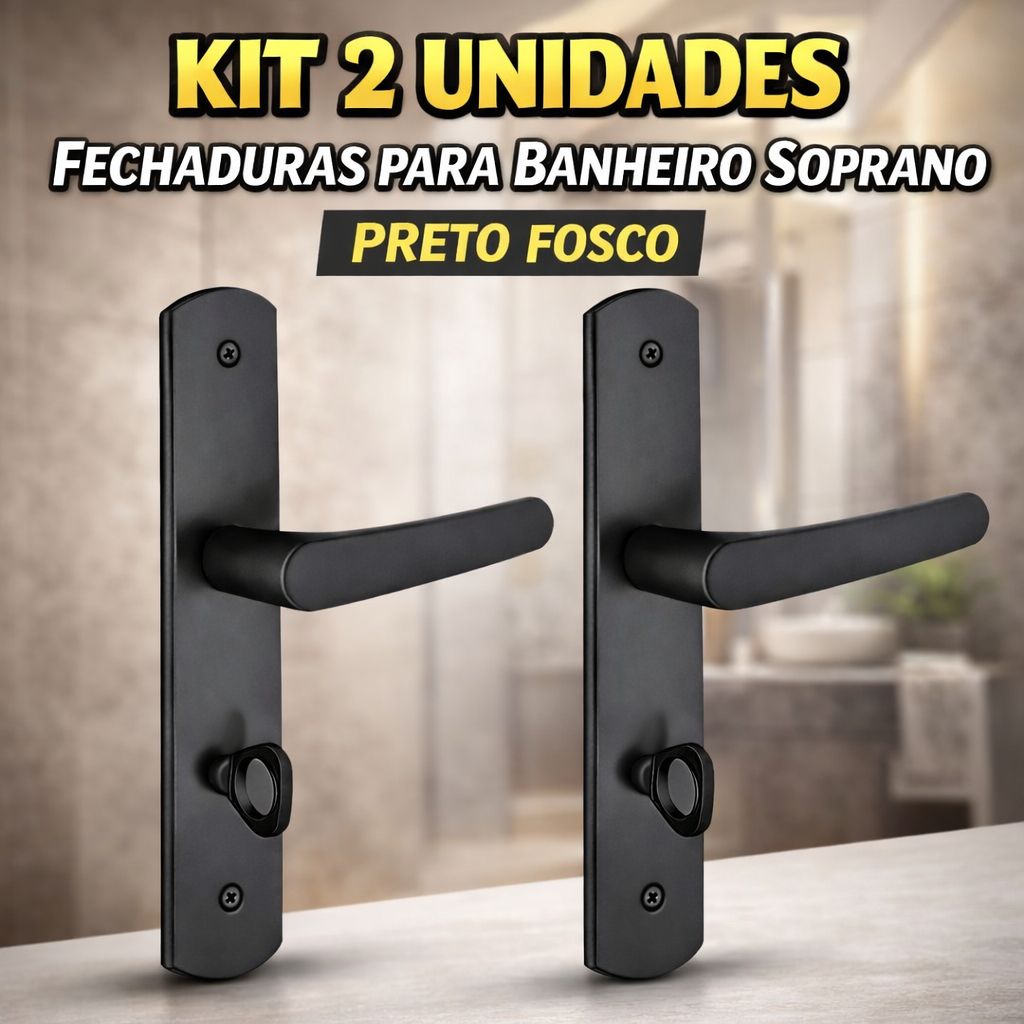 Kit 2 Unidades | Fechaduras Para Banheiro Soprano | Acabamento Preto Fosco Anti Ferrugem