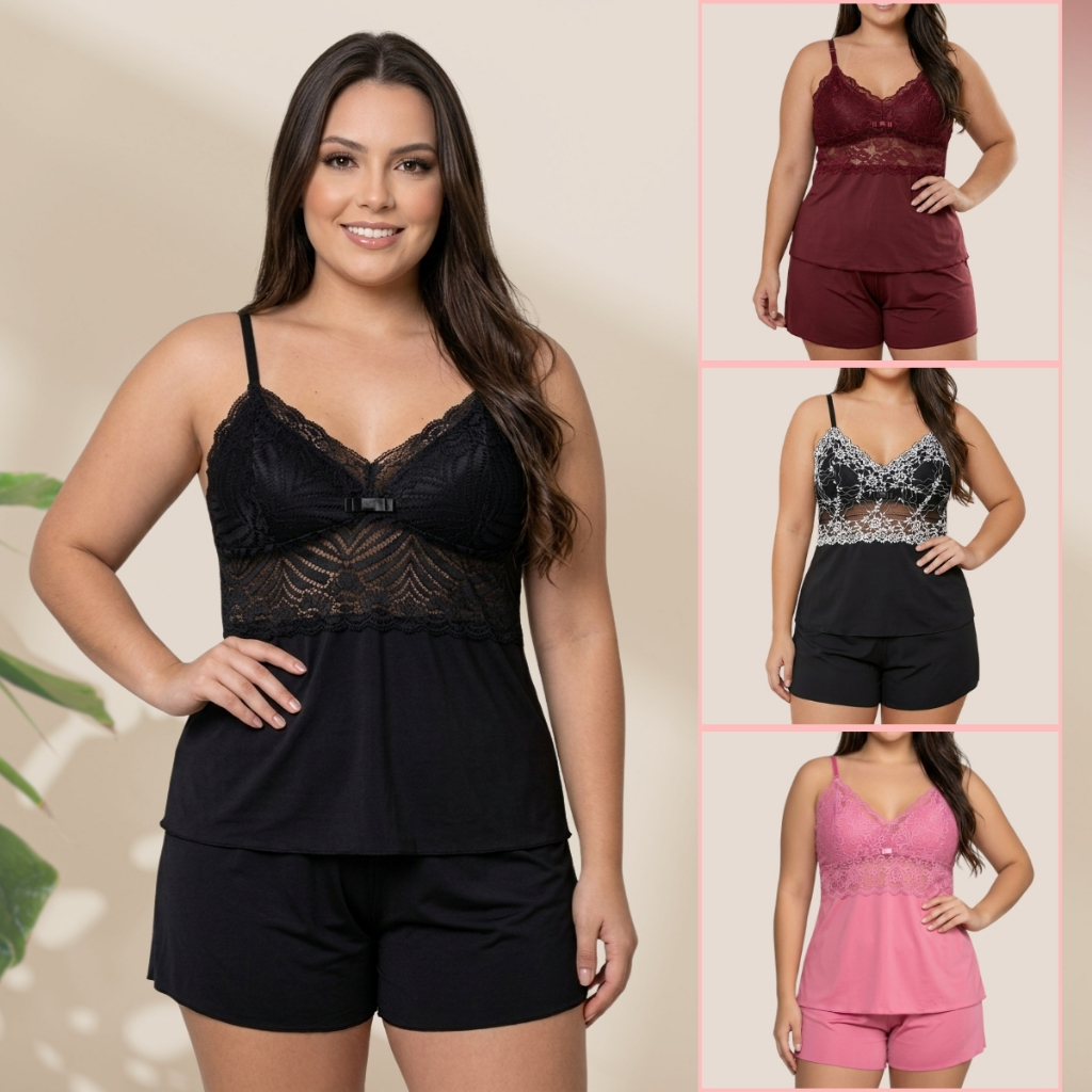 Baby Doll Plus Size Short Confortável Renda Delicada Alcinha Regulável Metal Pijama de Dormir