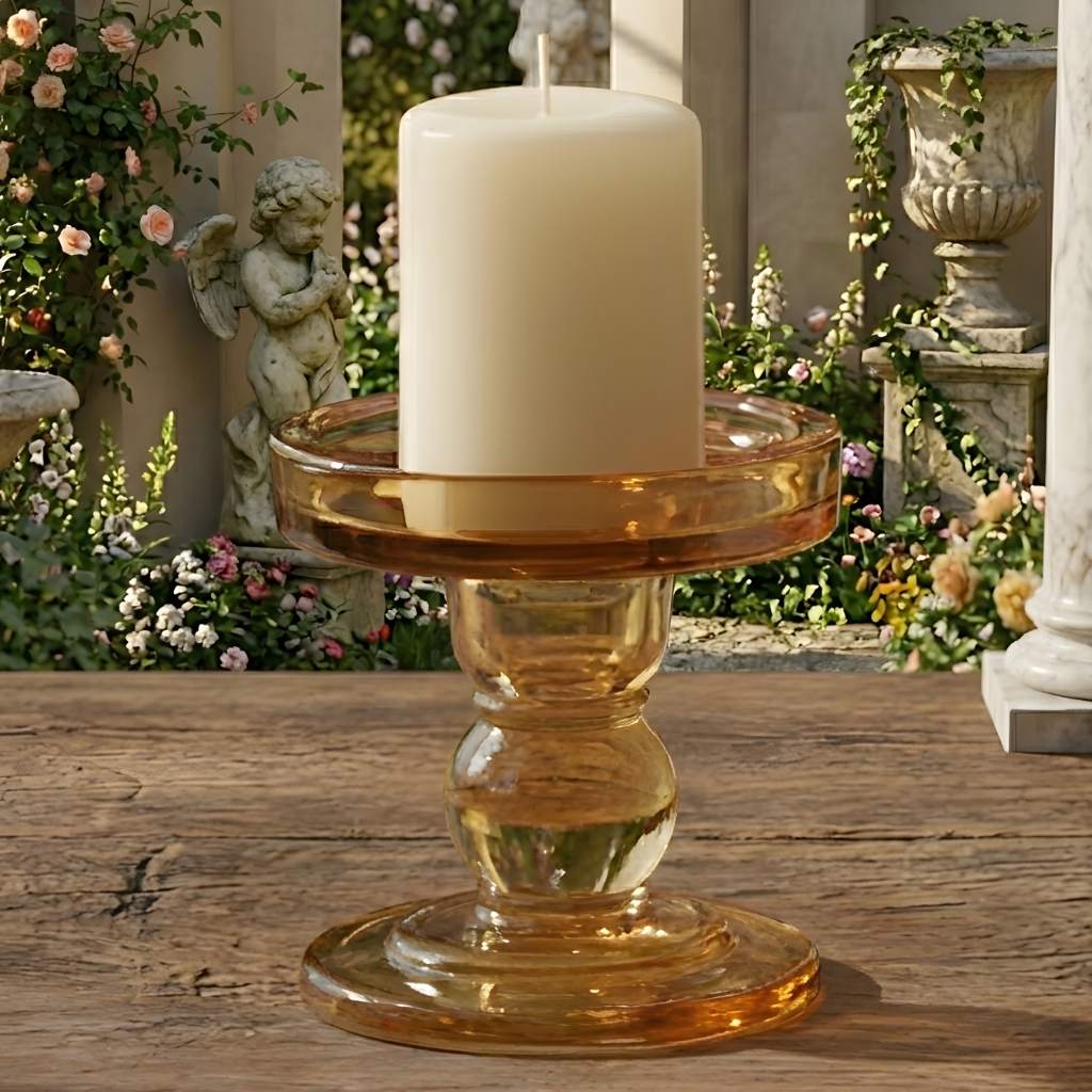 Castiçal de Vidro Alto Brilho Âmbar Porta Velas Suporte de Mesa