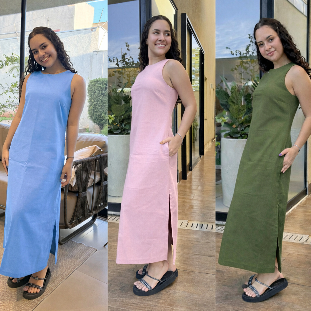 Vestido Regata Verão Feminino em Linho com Forro Zíper nas Costas Longo Fenda Lateral e Bolso em Oferta na Shopee