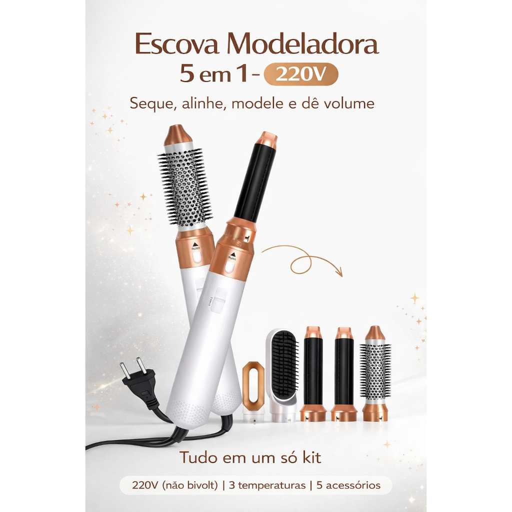 Escova Secadora Modeladora 5 em 1 220V Branca/Dourada com 5 Acessórios Seca Alisa Modela e Dá Volume