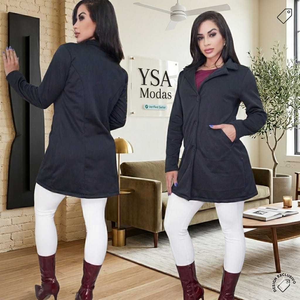 Casaco Elegante Feminino Sobretudo Moletom Poliéster Franelado com Botões e Bolso em Oferta na Shopee