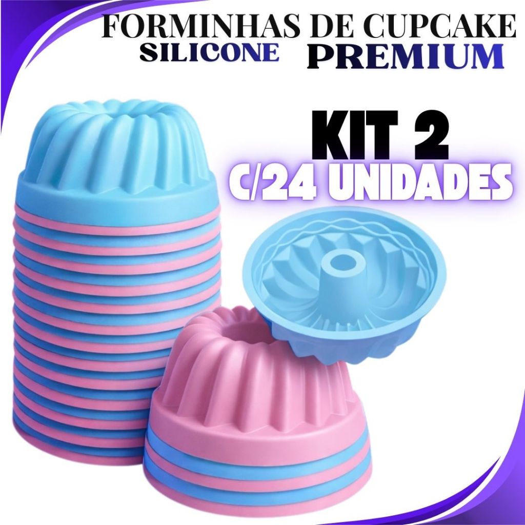 Conjunto 24 ou 12 Pecas Forminha De Silicone Forma Assadeira Cupcake c furo no meio Mini Bolo