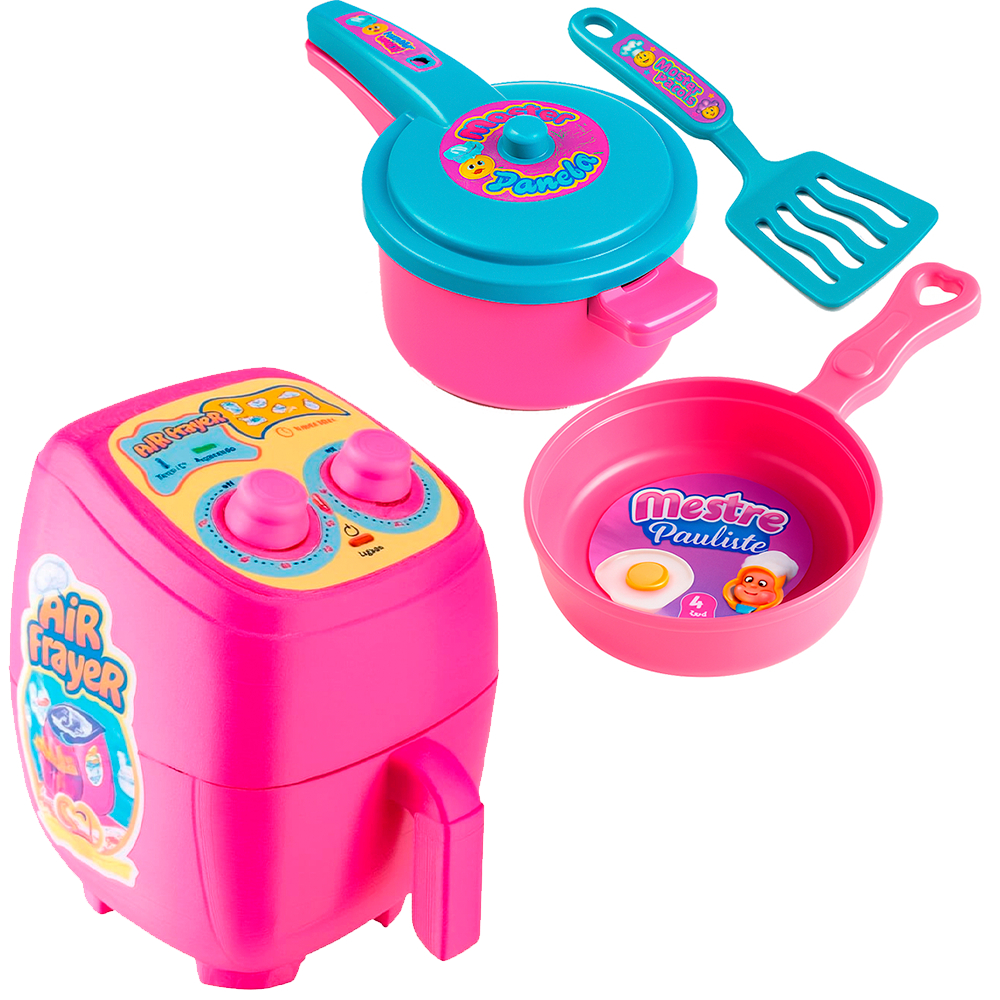 Kit Air Frayer + Master Panelinha Meninas Cozinha Comidinhas Master Kids Presente Aniversário