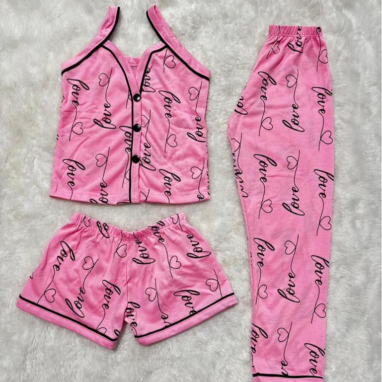 Kit Conjunto 3 Pijamas Infantil Menina Americano Camiseta Alça Calça Short Conforto