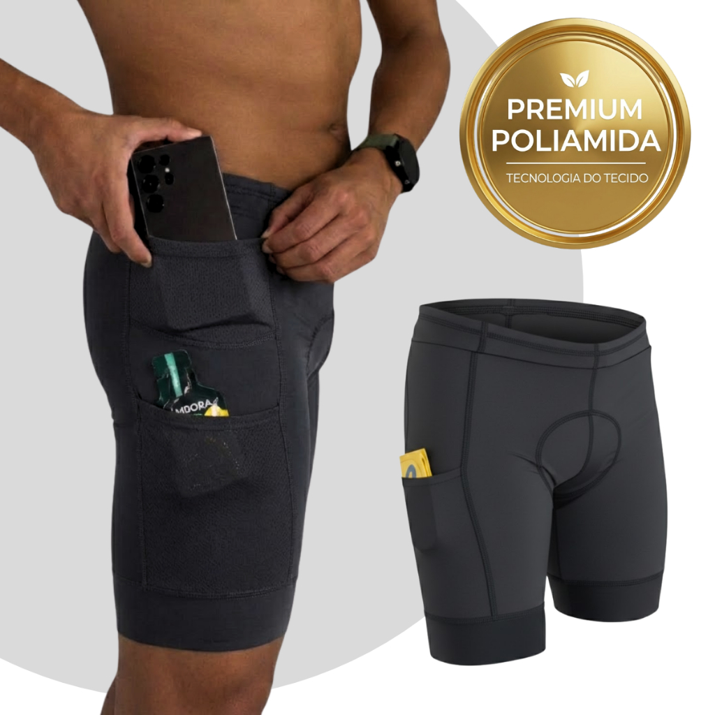 Bermuda Triathlon Masculina Compressão com Forro Interno 4 Bolsos Laterais Poliamida Elastano