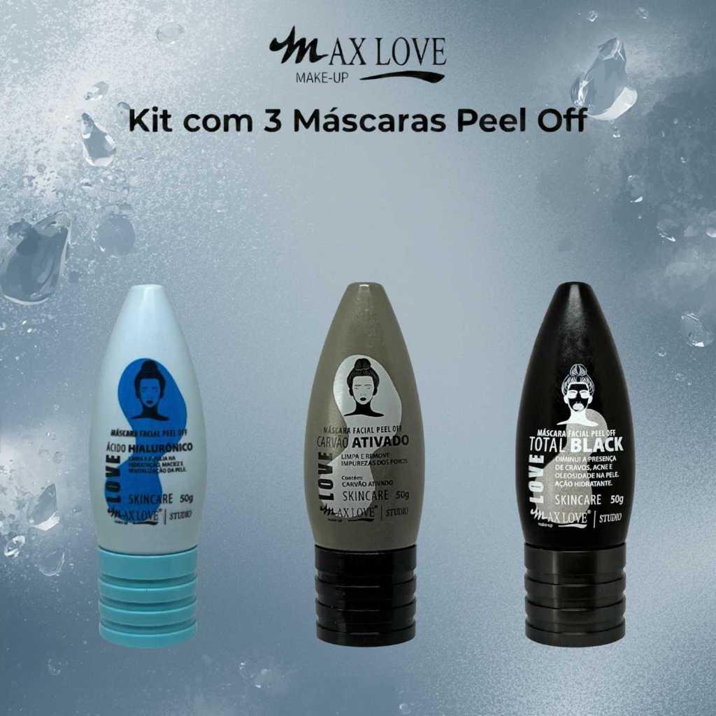 Kit com 3 Máscaras Peel Off - Ácido Hialurônico, Carvão Ativado, Total Black Max Love
