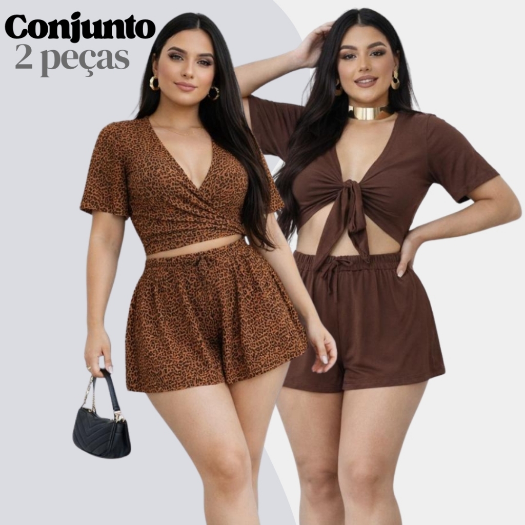 Conjunto Feminino Cropped Multiformas 3 em 1 Manga Curta e Shorts Soltinho Onça ou Preto